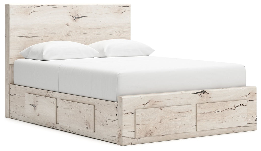 Panel bed with storage, white mattress and pillows, light wood drawer fronts on both sides