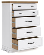 White five-drawer chest with open drawers showing natural wood interior panels