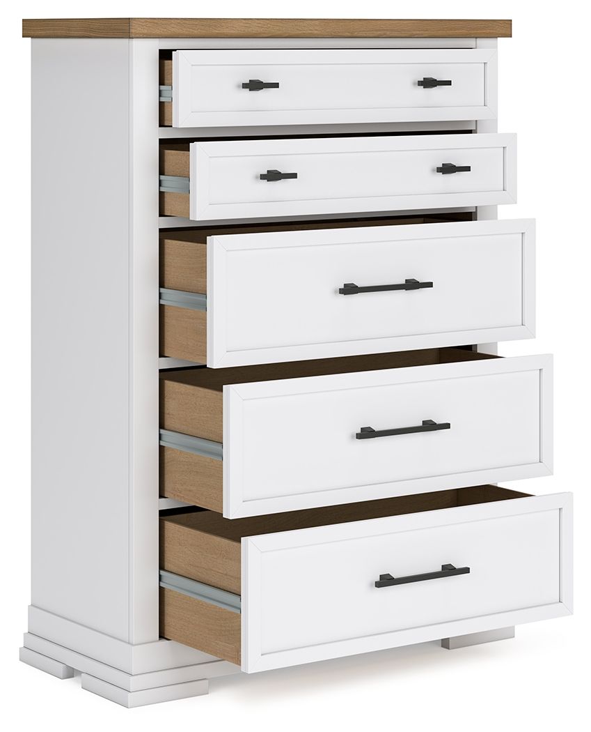 White five-drawer chest with open drawers showing natural wood interior panels
