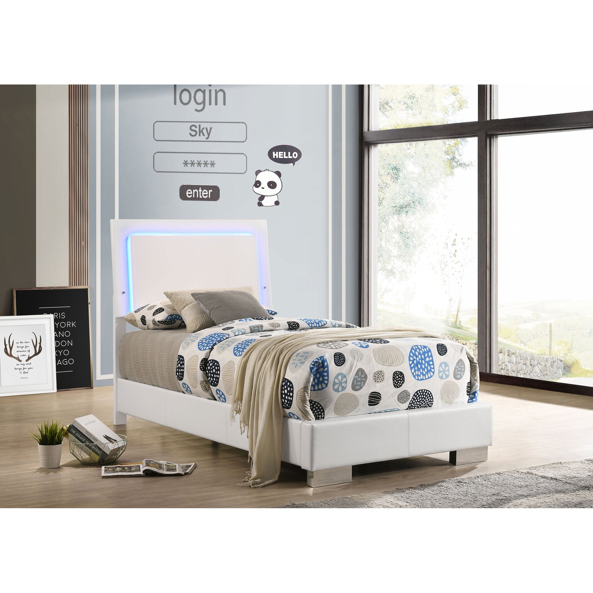 Felicity White High Gloss Wood Twin LED Panel Bed + Free Shipping!