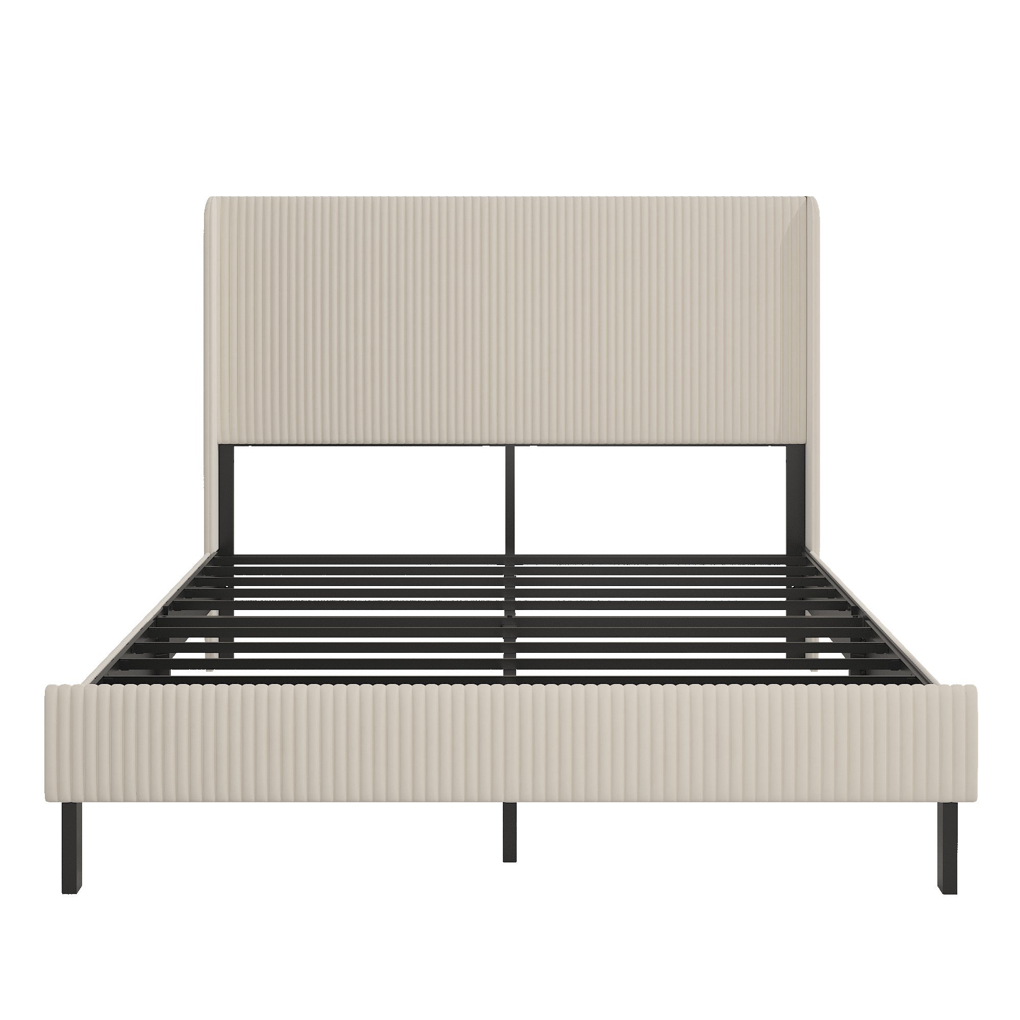 Modern Beige Queen Platform Bed, Metal Frame, USB Charging Station