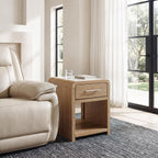 Light brown rectangular end table with drawer and open shelf, curved corners