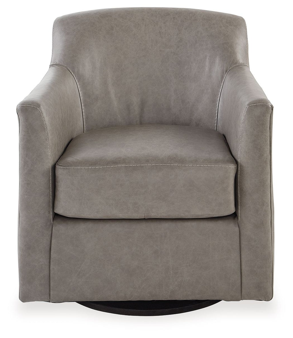 Gray swivel accent chair with rolled arms, padded back, and cushioned seat