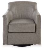 Gray swivel accent chair with rolled arms, padded back, and cushioned seat