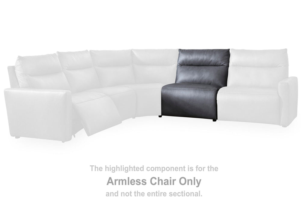 Gray armless chair component highlighted in a white sectional arrangement