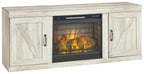 Beige entertainment center TV stand with electric fireplace insert and two side cabinet doors