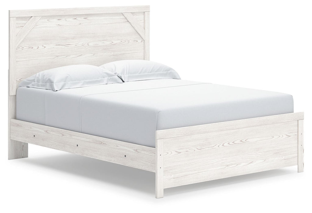 White panel bed with headboard and footboard, platform-style base and side rails