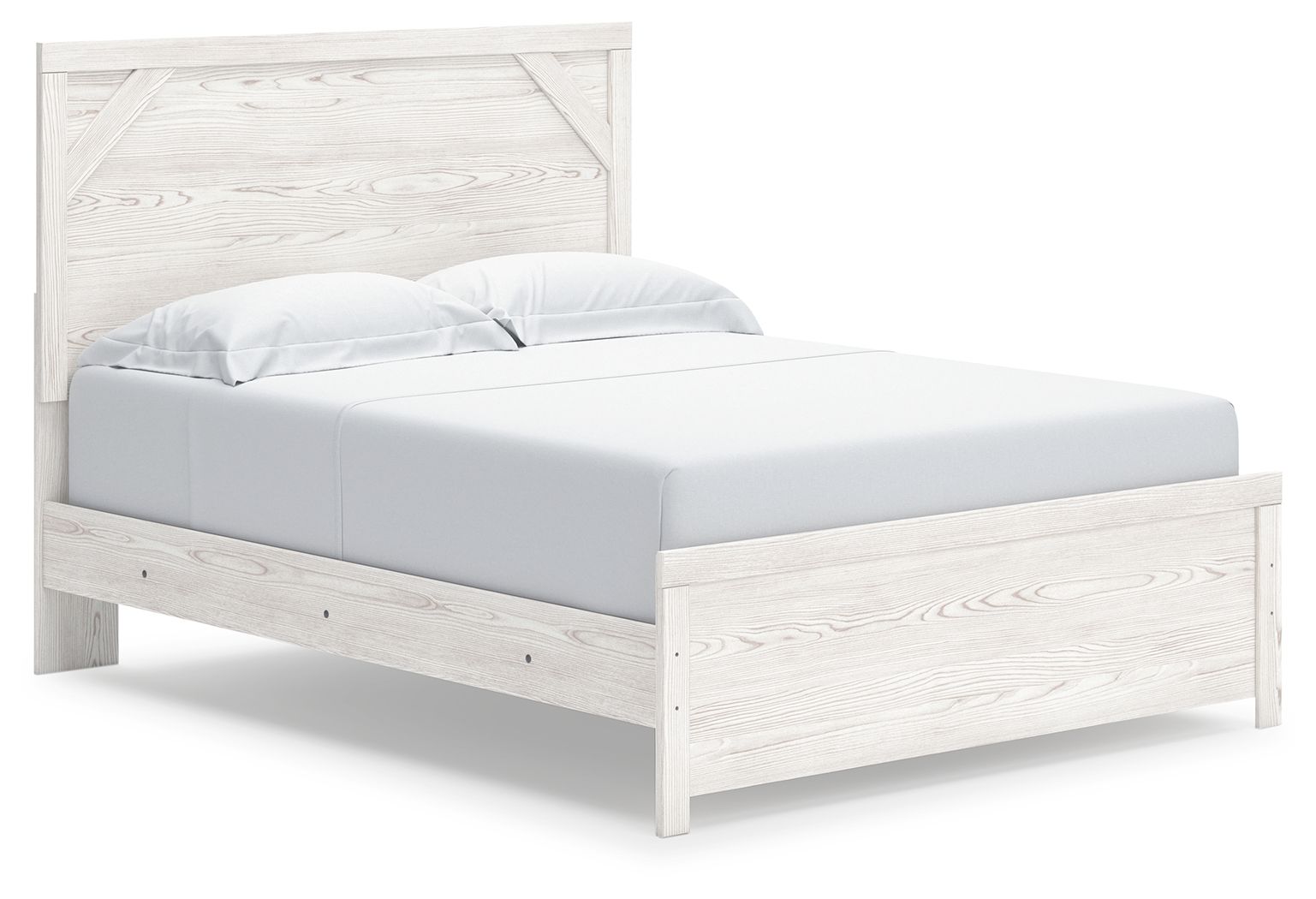 White panel bed with headboard and footboard, platform-style base and side rails
