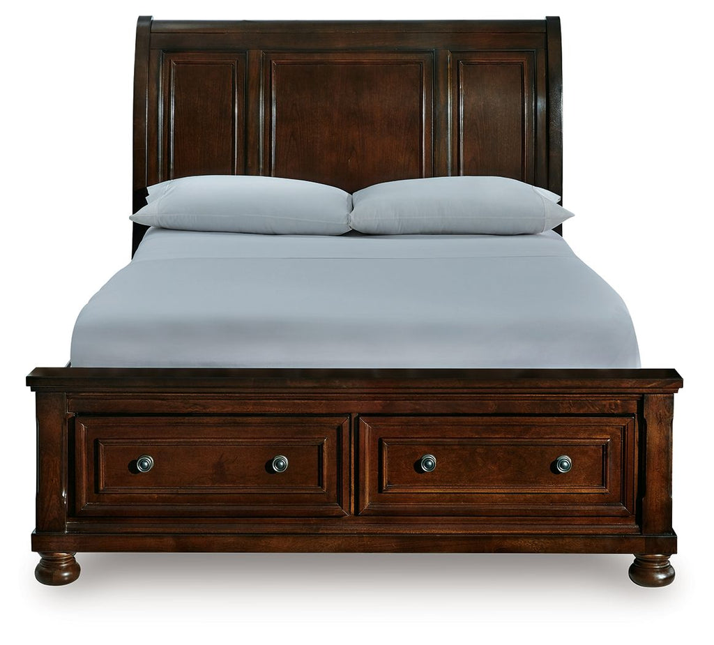 Dark brown sleigh storage bed front view with two drawers and blue knobs