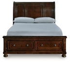 Dark brown sleigh storage bed front view with two drawers and blue knobs