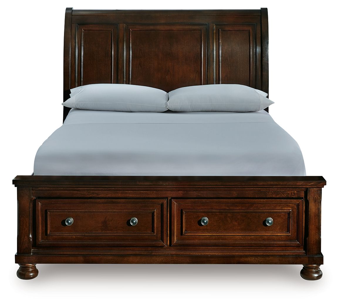 Dark brown sleigh storage bed front view with two drawers and blue knobs
