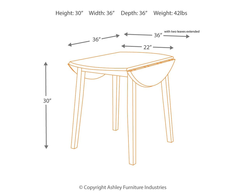 Round drop-leaf table dimension diagram showing height, width, and depth