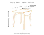 Round drop-leaf table dimension diagram showing height, width, and depth