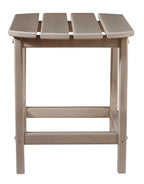 Outdoor end table in light taupe with slatted top and open lower shelf