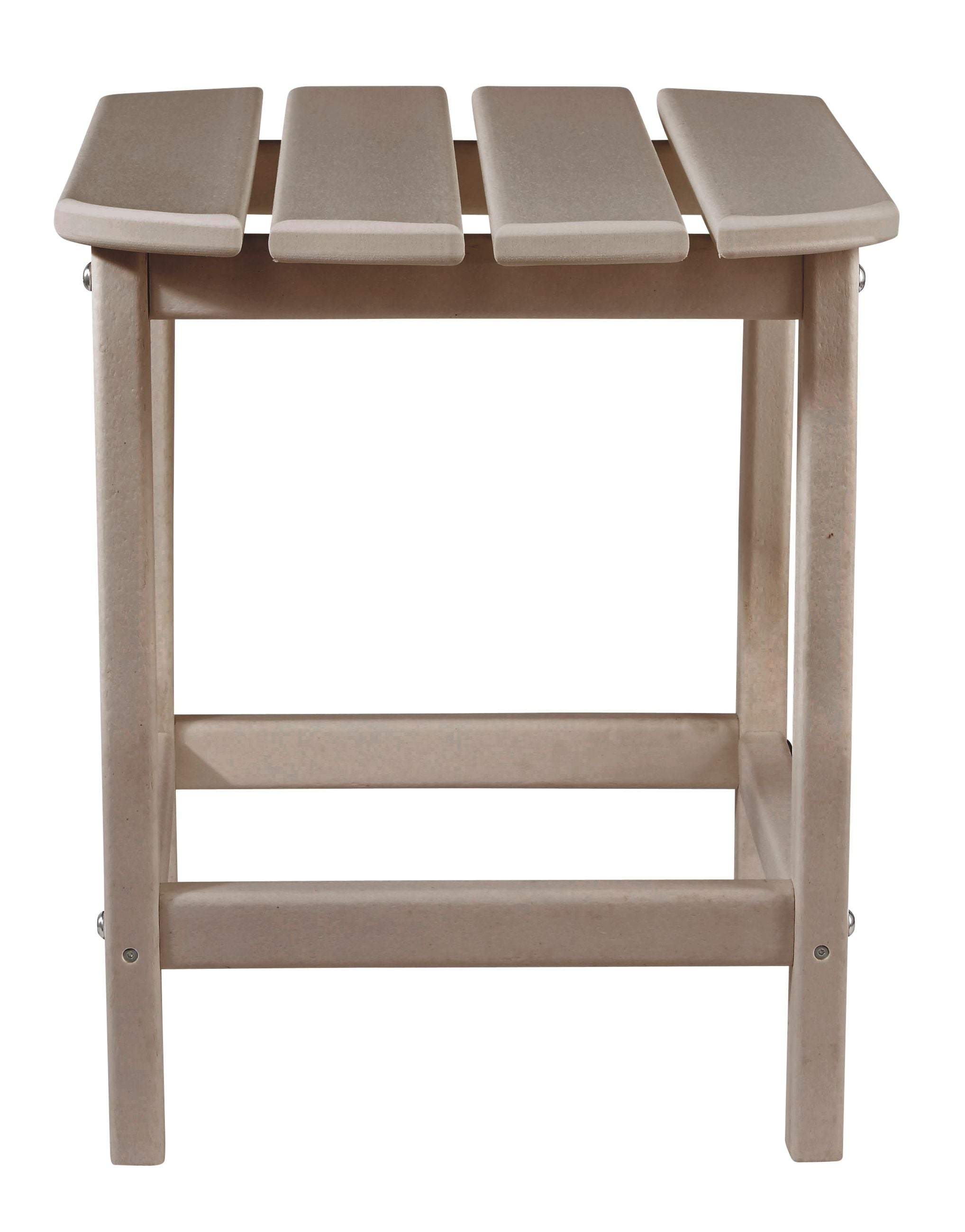 Outdoor end table in light taupe with slatted top and open lower shelf