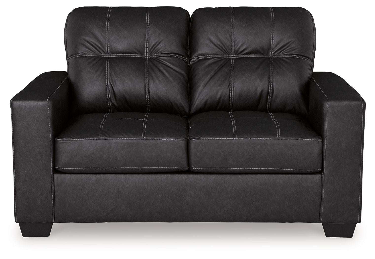 Black loveseat front view with tufted back and padded arms over a boxy seat