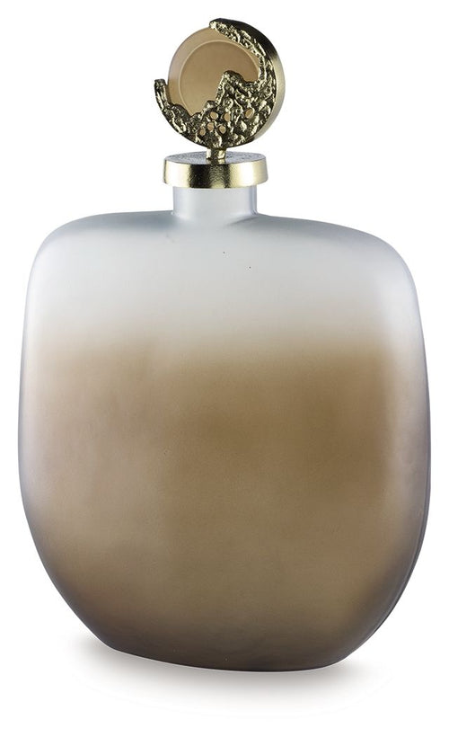Decorative jar with frosted bottle body and ornate gold-tone hinged lid top