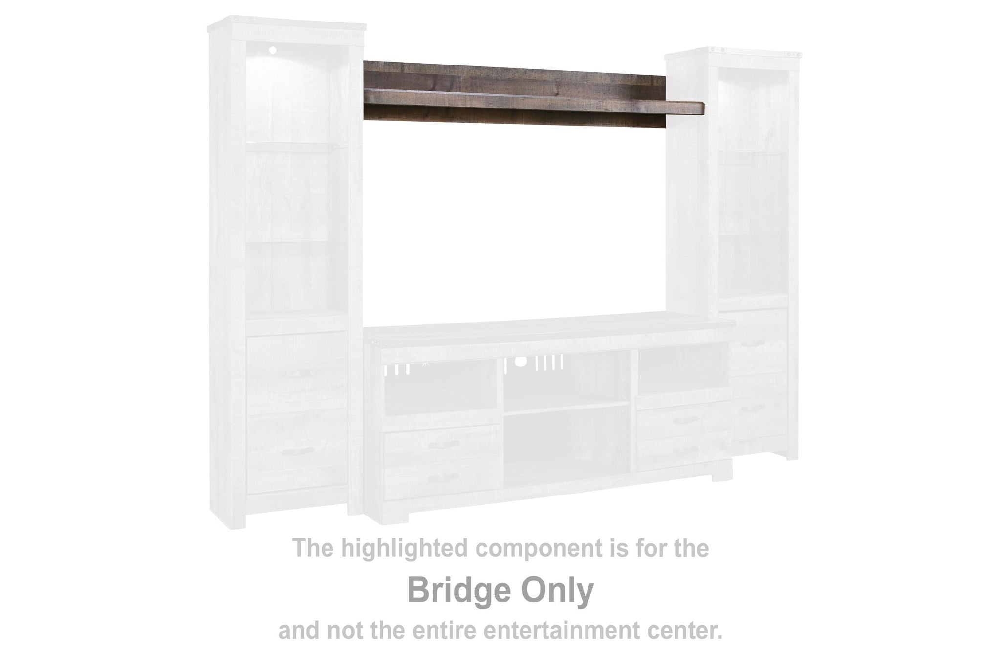 Entertainment bridge component with white frame and brown top bar