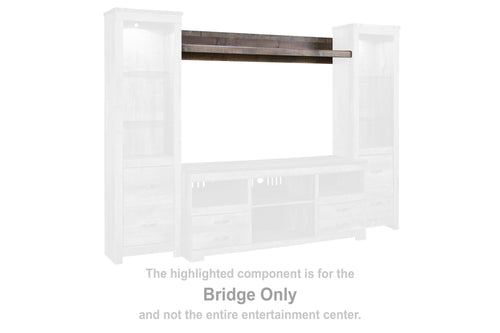 Entertainment bridge component with white frame and brown top bar