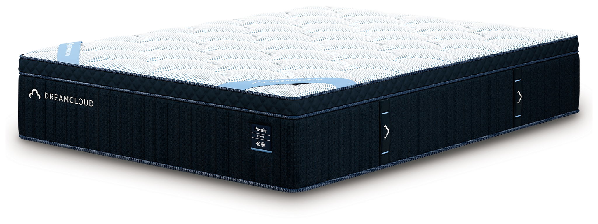DreamCloud Premier hybrid mattress with white quilted top and dark blue side panels