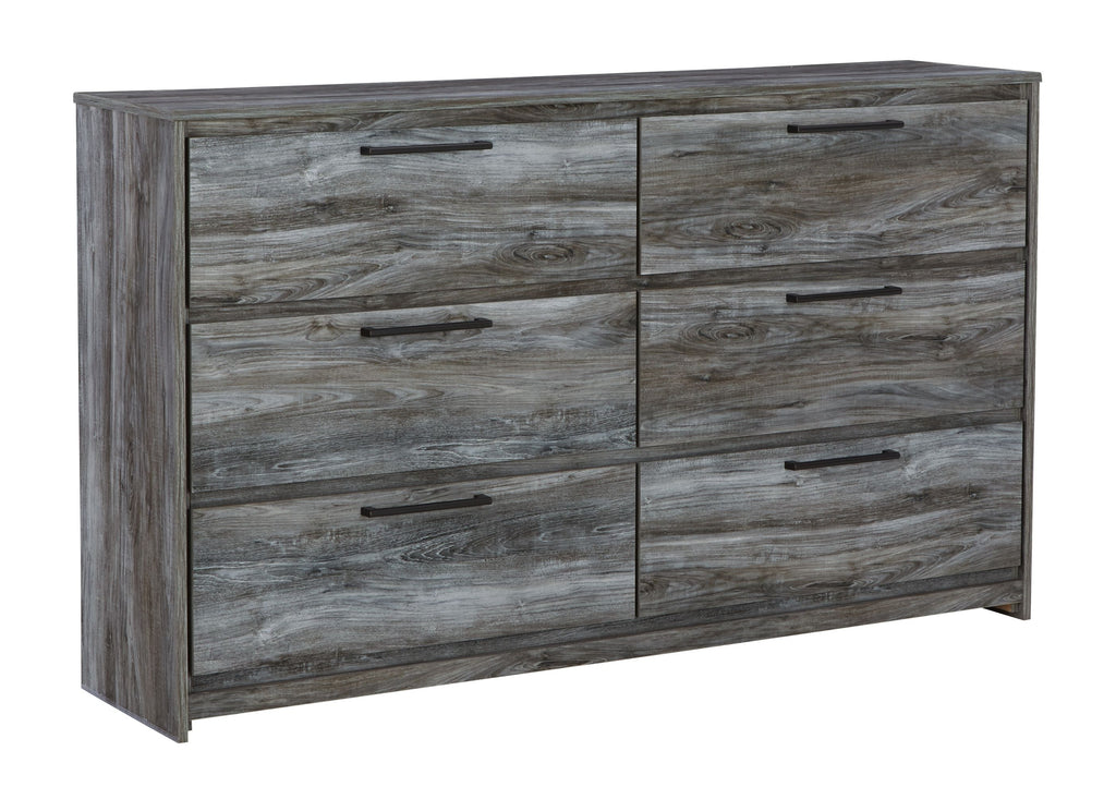 Gray six-drawer dresser with smooth-finish fronts and horizontal bar pulls