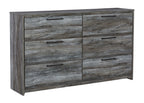 Gray six-drawer dresser with smooth-finish fronts and horizontal bar pulls