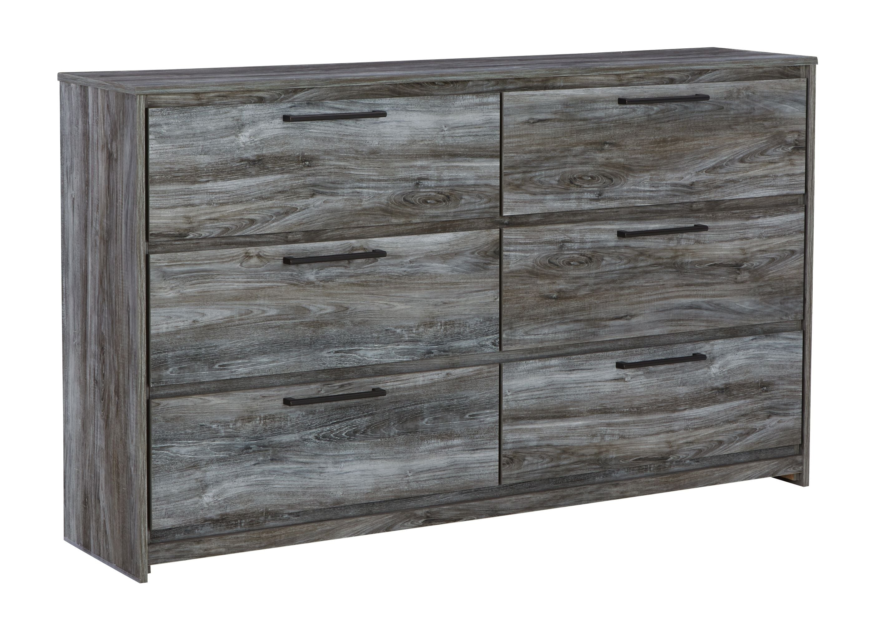 Gray six-drawer dresser with smooth-finish fronts and horizontal bar pulls