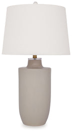 Off-white ceramic table lamp with cylindrical base and drum fabric shade