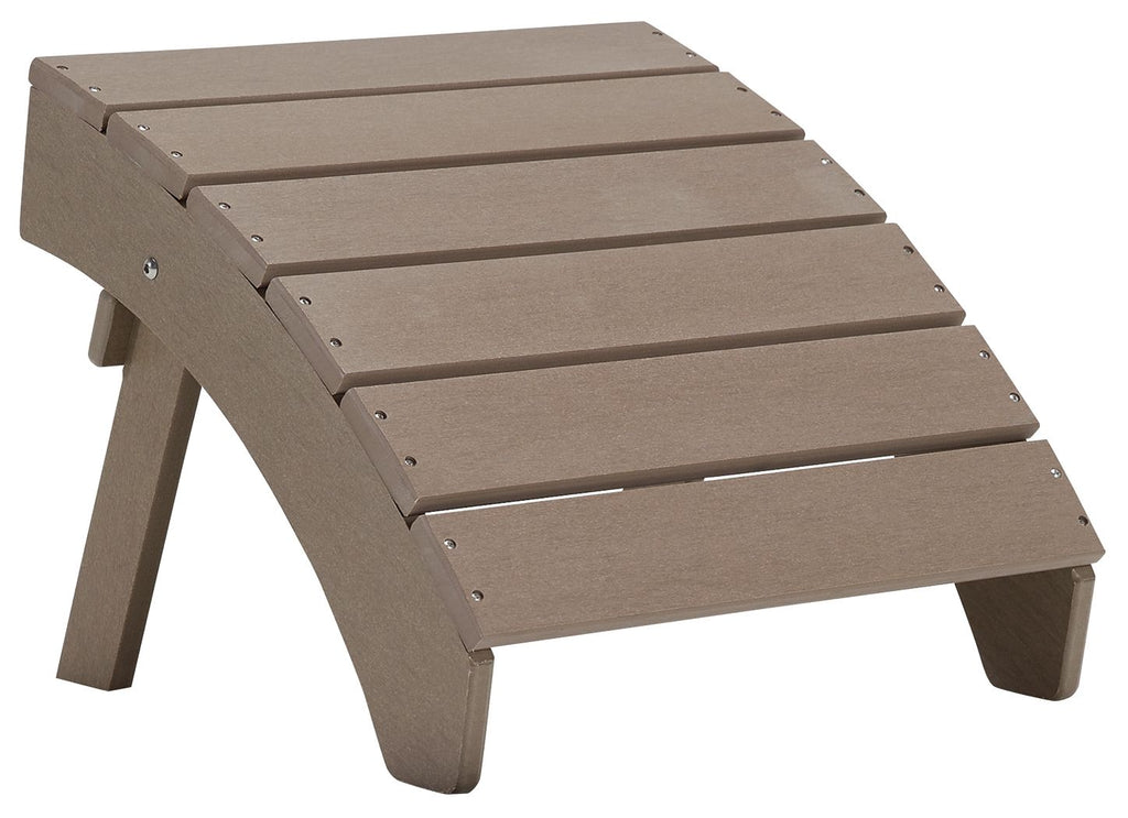 Driftwood wooden slat ottoman with four short legs, taupe seat top.