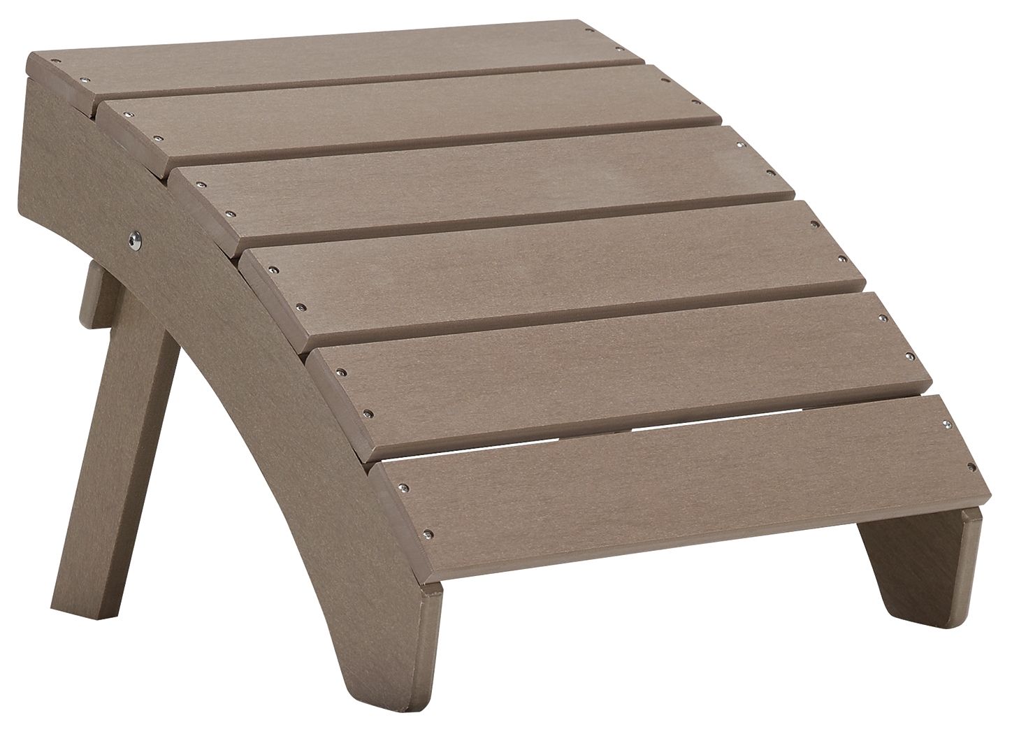 Driftwood wooden slat ottoman with four short legs, taupe seat top.