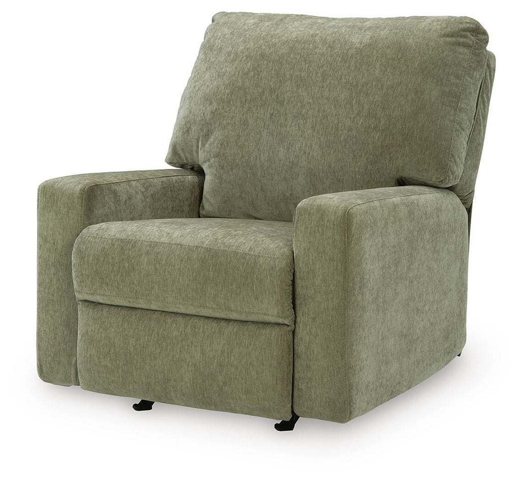 Olive green fabric rocker recliner chair with smooth cushions and rounded armrests.