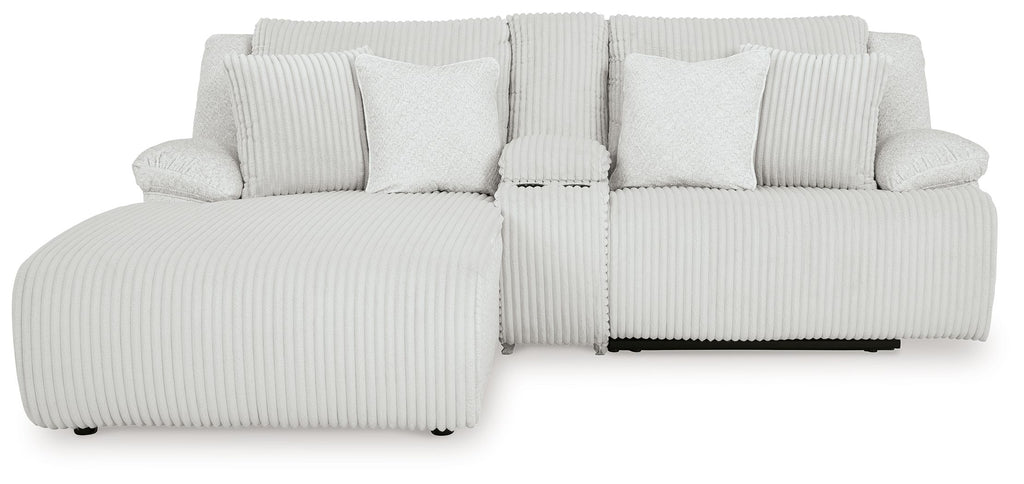 Light gray reclining sectional sofa with chaise side and multiple back cushions
