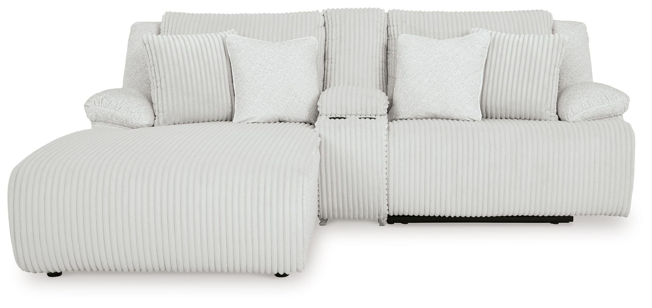Light gray reclining sectional sofa with chaise side and multiple back cushions