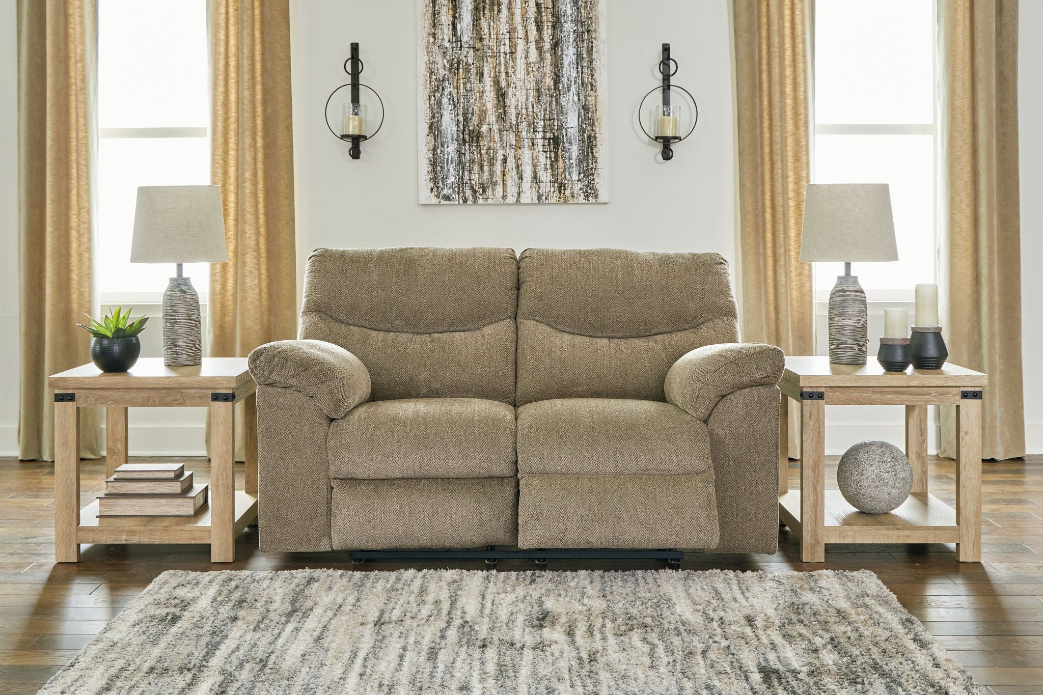 Taupe fabric sofa with rolled arms and three cushioned back panels