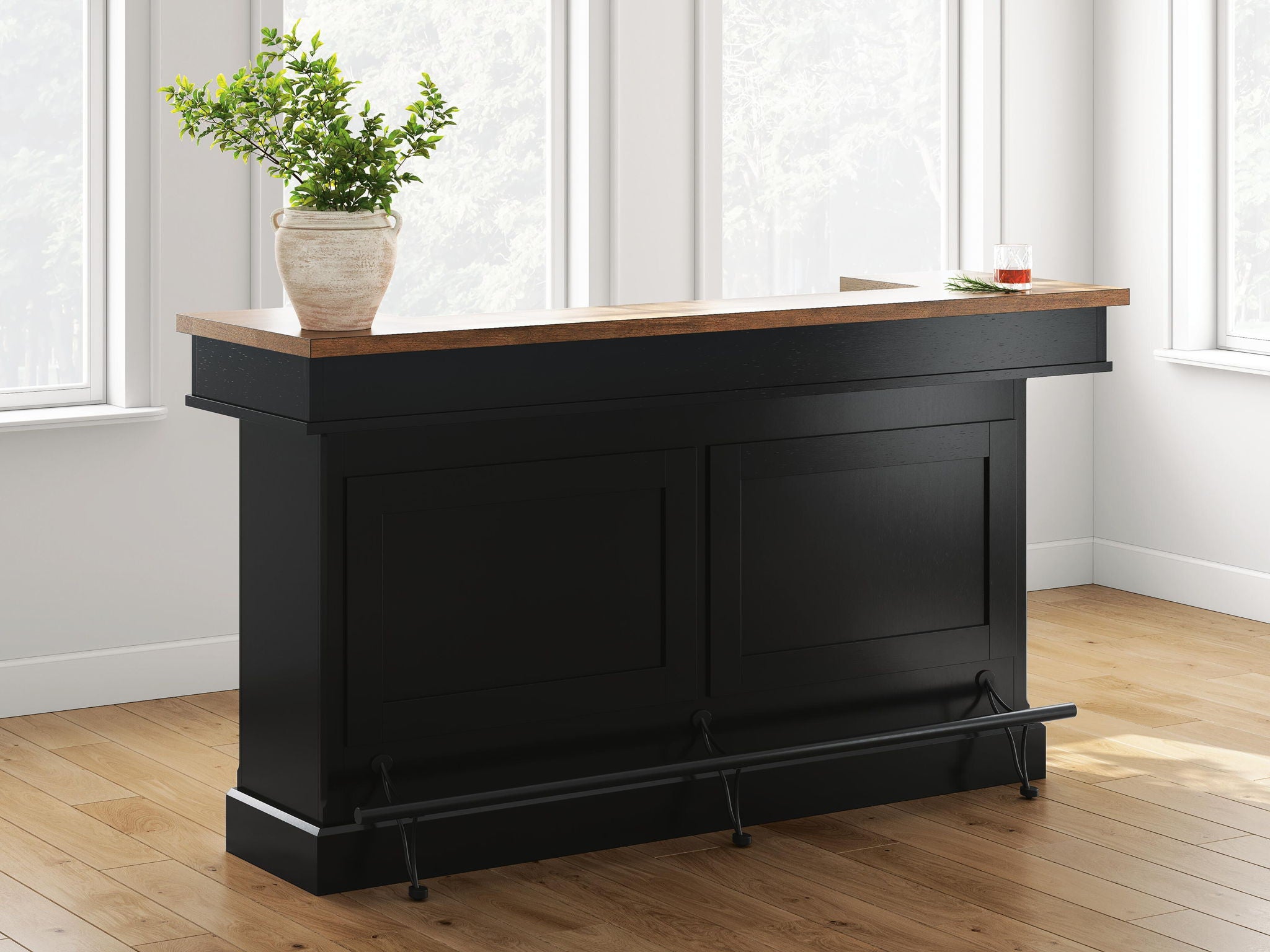 Black bar cabinet with brown countertop and two cabinet doors, slim base