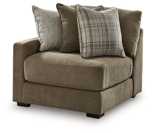 Upholstered corner chair with square seat and rolled arms, gray-brown fabric, patterned pillows