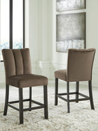 Mocha upholstered barstool with tall padded back, cushioned seat, and dark wooden legs