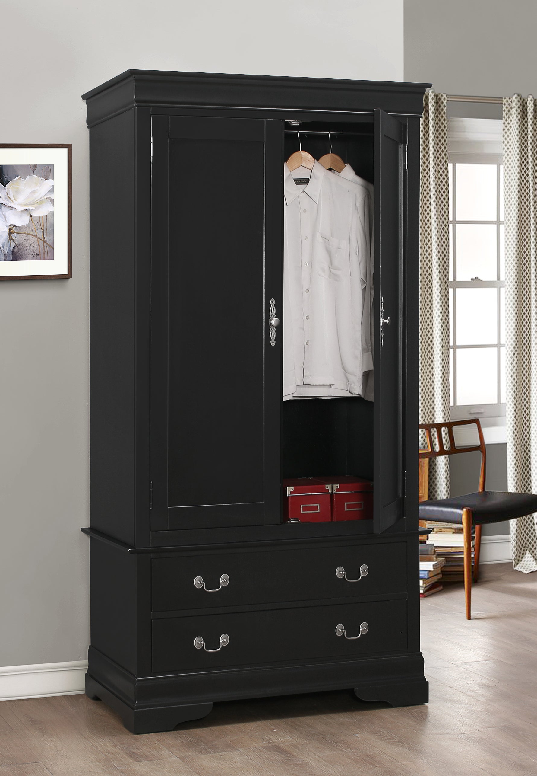 Elegant Black Traditional Wooden Armoire Wardrobe
