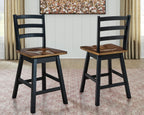 Two black swivel stools with slatted backs and rectangular wooden seats