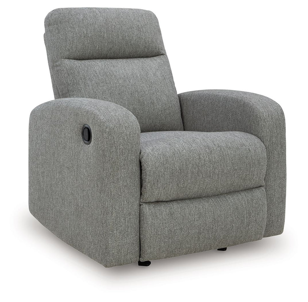 Gray fabric rocker recliner with upholstered arms, seat, and tall backrest