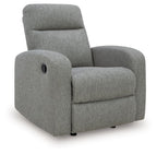 Gray fabric rocker recliner with upholstered arms, seat, and tall backrest