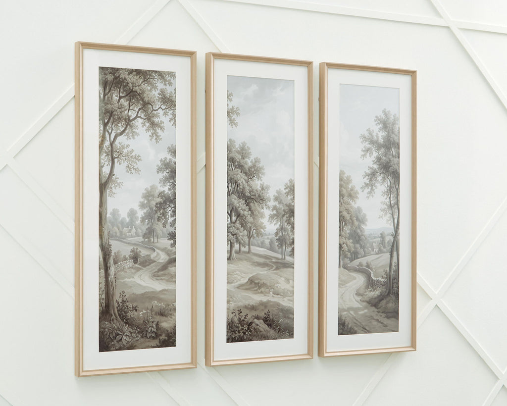 Set of three framed wall art prints, grayscale woodland landscapes with winding paths