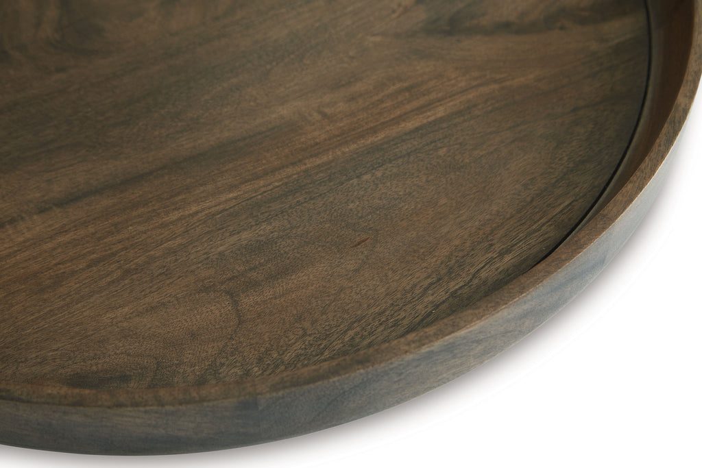 Gray-brown wooden round tray with visible wood grain and recessed side handle