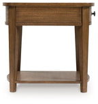 Light brown rectangular wooden end table with open drawer area and lower shelf.