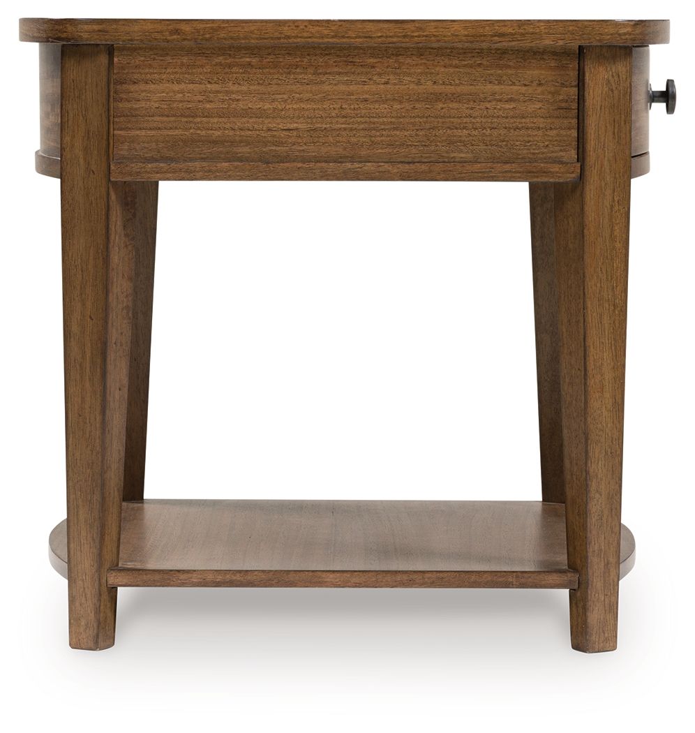 Light brown rectangular wooden end table with open drawer area and lower shelf.