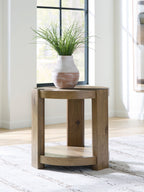 Light brown round end table with open lower shelf