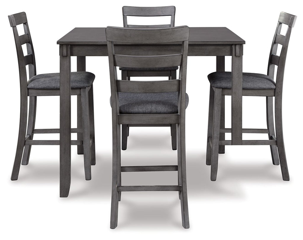 Gray square counter table with four dark gray bar stools, front perspective.