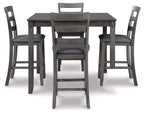 Gray square counter table with four dark gray bar stools, front perspective.
