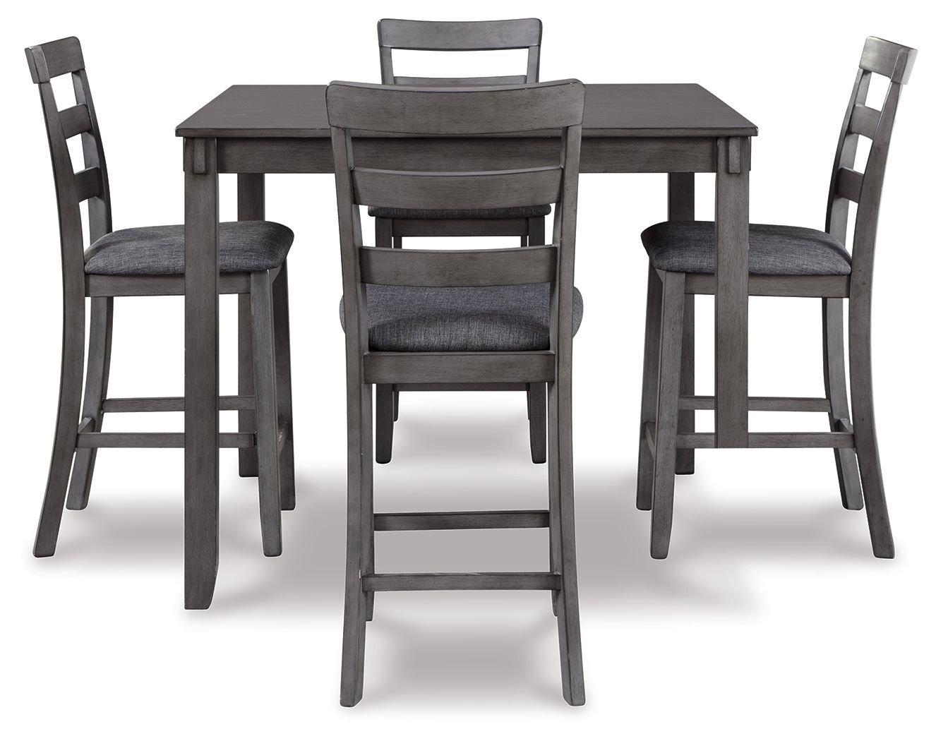 Gray square counter table with four dark gray bar stools, front perspective.