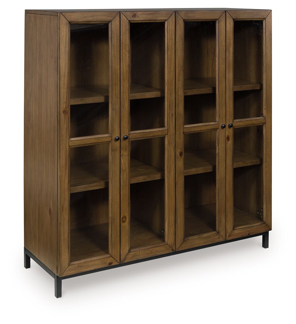 Gray-brown wooden accent cabinet with four doors and interior shelves
